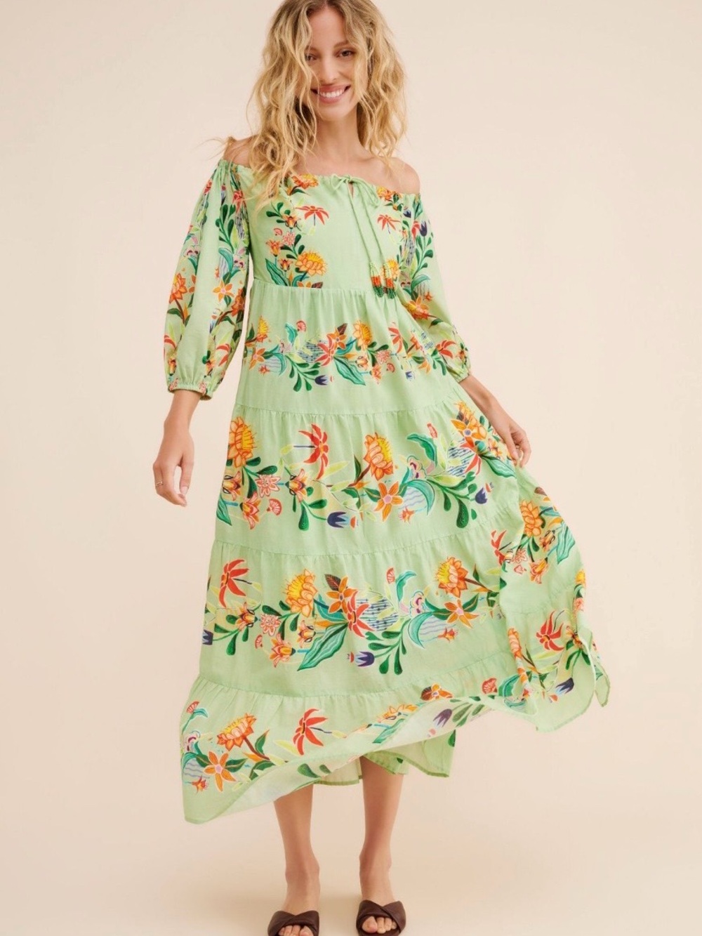 Light Green Floral Off-Shoulder Maxi Dress